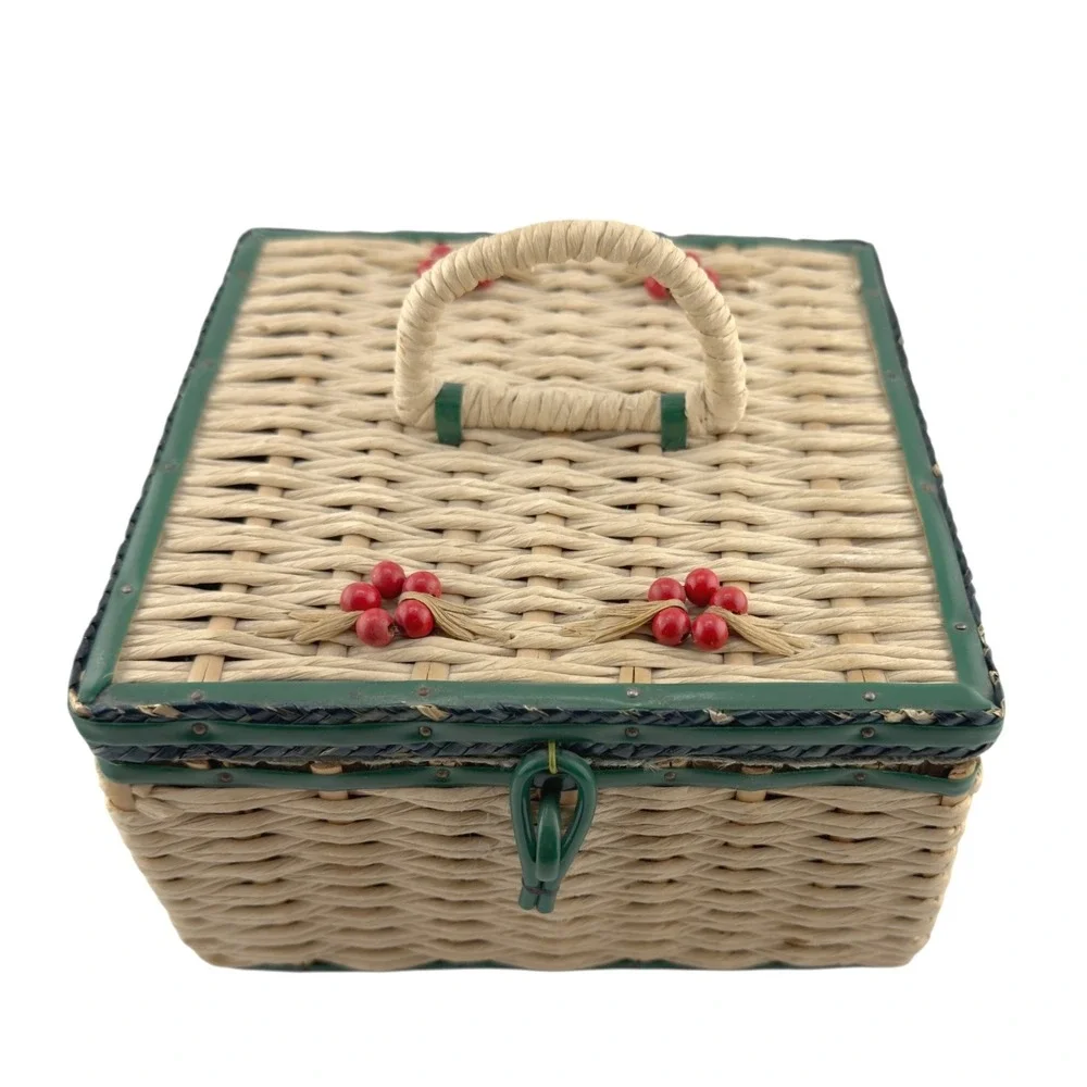 Vintage Japan Wicker Sewing Basket  Cherry Berry Lid Square Box Needs‎ Lining